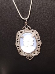 Oval Cameo Pendant Necklace Silver Tone Filigree Frame 925 Chain