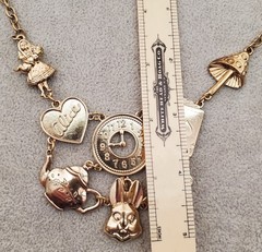 Vintage Alice In Wonderland Gold Tone Bib Necklace T Cup T Pot Rabbit Mushroom
