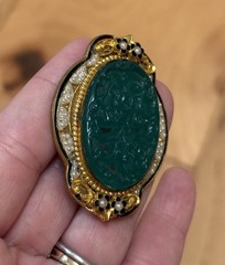 Vintage Czech? Green Peking Glass? Enamel & Seed Pearl Ornate Brooch Pin As-Is