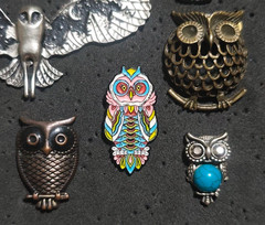 Vintage Owl Brooch Pin Lot of 15 Assorted Owl Pins Enamel Rhinestone Silver Tone