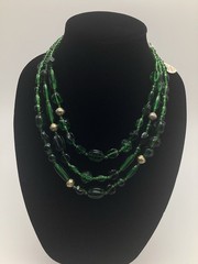 Vintage Emerald Green Glass Beaded Multi 3 Strand Necklace Made In India 19”