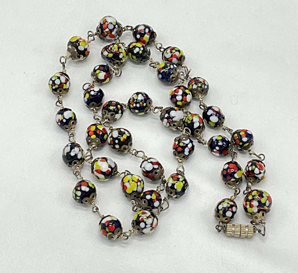 Vintage Millefiori Glass Bead Necklace Murano Style Wire Linked 22” Italy READ