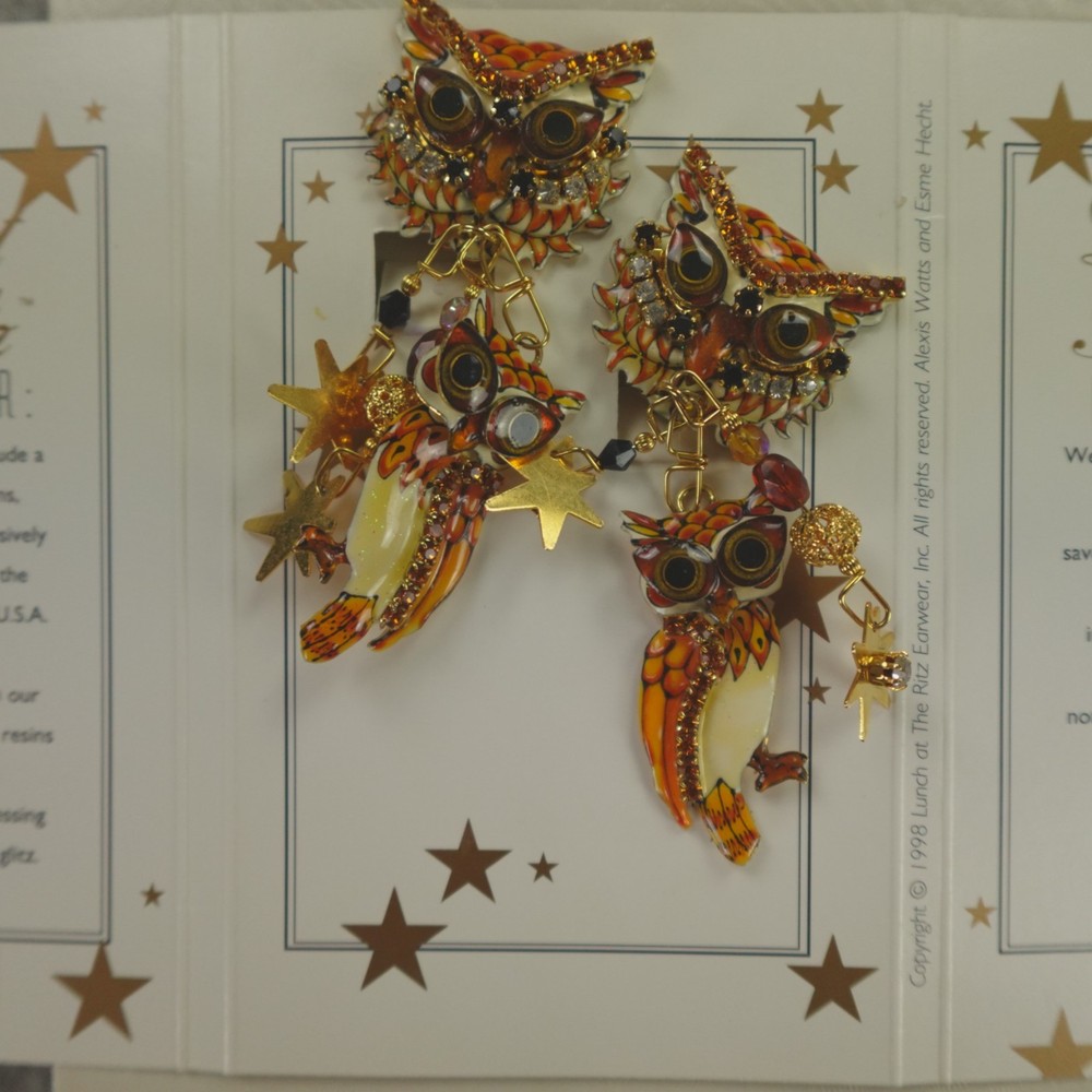 Lunch at the Ritz Earrings Owl Owlio E Olio Clip On Signed Menu Card