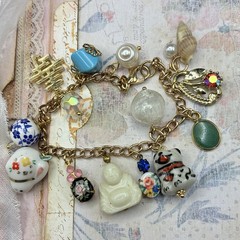 Vintage Eclectic Custom Charm Bracelet + Vtg Charms: Dog, Rabbit,Floral, Buddha+