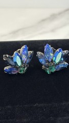 Signed REGENCY Electric Blue/Green Swirl AB Rhinestone Brooch/Earring Vtg Set