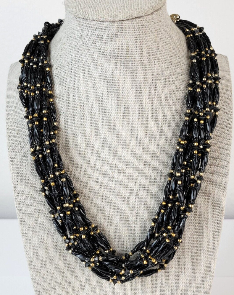 Vintage Hong Kong Black & Gold Seed Bead Multi Strand Necklace 21 in Hook Clasp