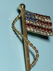 Vintage Rhinestone American Flag Brooch Red White Blue Patriotic Gold Tone Pin