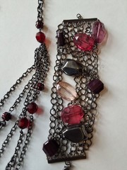 Vintage Multi Strand Tassel Necklace with Deep Red Acrylic Beads and Bracelet.