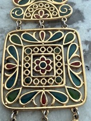 Trifari Plique a Jour Necklace Gold Tone Red Green Stained Glass Pendant Vintage