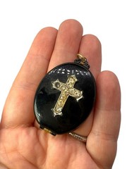 Vintage Victorian Revival Cross Black Photo Locket WWII Military Bugler Solider