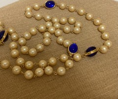 Vintage Faux Pearl Beaded Necklace Bezel Cobalt Blue Cabochon Opera Flapper 42″