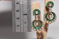 Vintage Circa 1970s 18k Gold Natural Rose Cut Diamond And Emerald Drop Earring