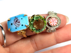 Vtg Victorian Revival Ring Lot Green Glass Blue Flower Enamel Adjustable