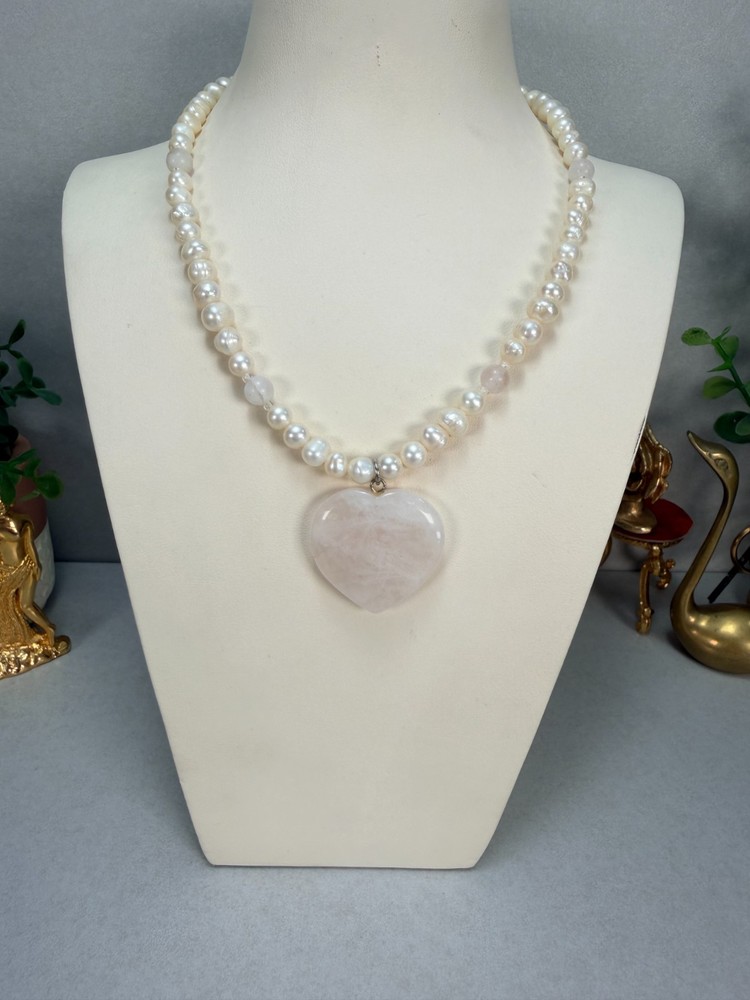 Freshwater Pearl Rose Quartz Heart Pendant Necklace Romantic Elegant