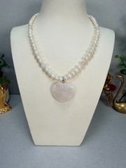 Freshwater Pearl Rose Quartz Heart Pendant Necklace Romantic Elegant