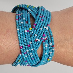 Wide Seed Bead Wrap Bracelet Open Cuff Blue Cultural Southwestern