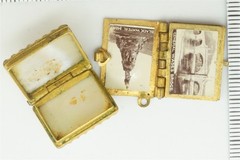2 ANTIQUE ENGLISH LOCKETS / CHARMS – PINCHBECK ABERFELDY ENAMEL & PEARL c1870