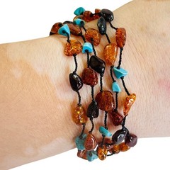Baltic Amber Turquoise Bracelet multi strand BOHO Genuine Natural Beads 6.5″L