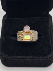 Vintage Sterling Silver 925 Artisan Ring Pink Stone Opal Mixed Metal Size 5