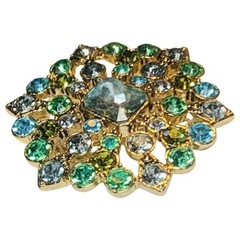 VTG Liz Claiborne Green Rhinestone Brooch Pin 2” Gold Tone Flower