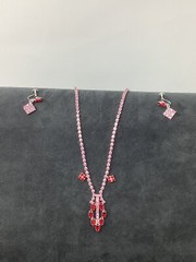 Vintage Pink And Red Rhinestone 16” Necklace Set With Earrings