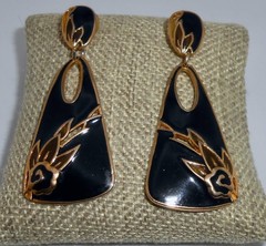 Vintage EDGAR BEREBI Signed Black Enamel Dangle Drop Pierced Post Earrings E50