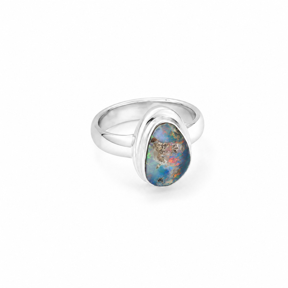 Rare Quality Blue Multicolor Boulder Opal 925 Sterling Silver Freeform Ring #6.2