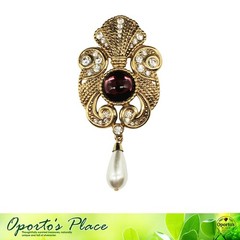 Jeff Lieb 1980s Goldtone Large Brooch Purple Cabachon And Faux Pearl Dangle