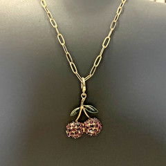 A New Day Gold Tone Link Chain & Ruby Cherry Rhinestone Magnetic Locket 18″