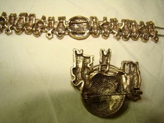 Vtg Children of the World Brass Slide Bracelet Green Enamel Globe Brooch Pin Set