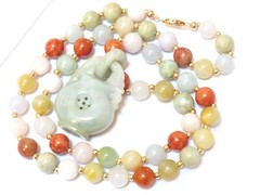 Vintage Chinese 14K GOLD Multi-Color Jade 9mm Beads Necklace Pendant, 22″