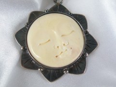 Vintage Sterling Silver 925 Large Carved Sun Moon Face Pendant