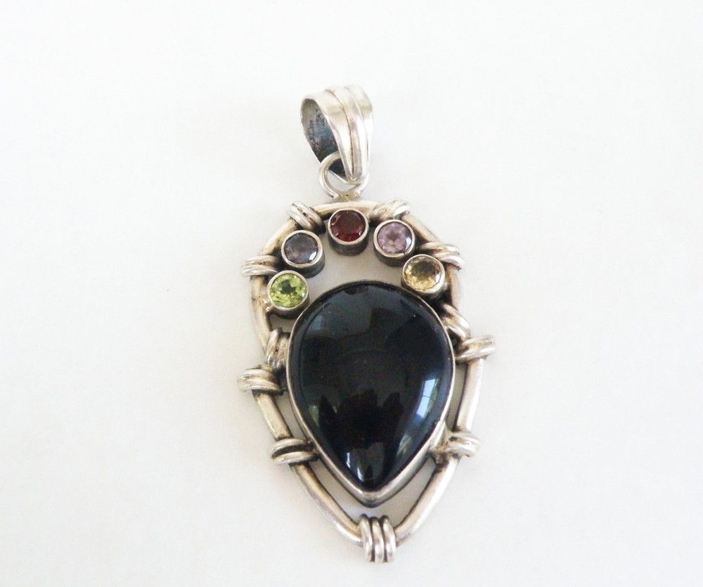 Large Sterling Silver 925 Natural Onyx Gemstone Chunky Statement Pendant