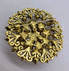 Vintage Style Filigree Amber & Brown Crystal Flower Brooch Gold Tone Rhinestone