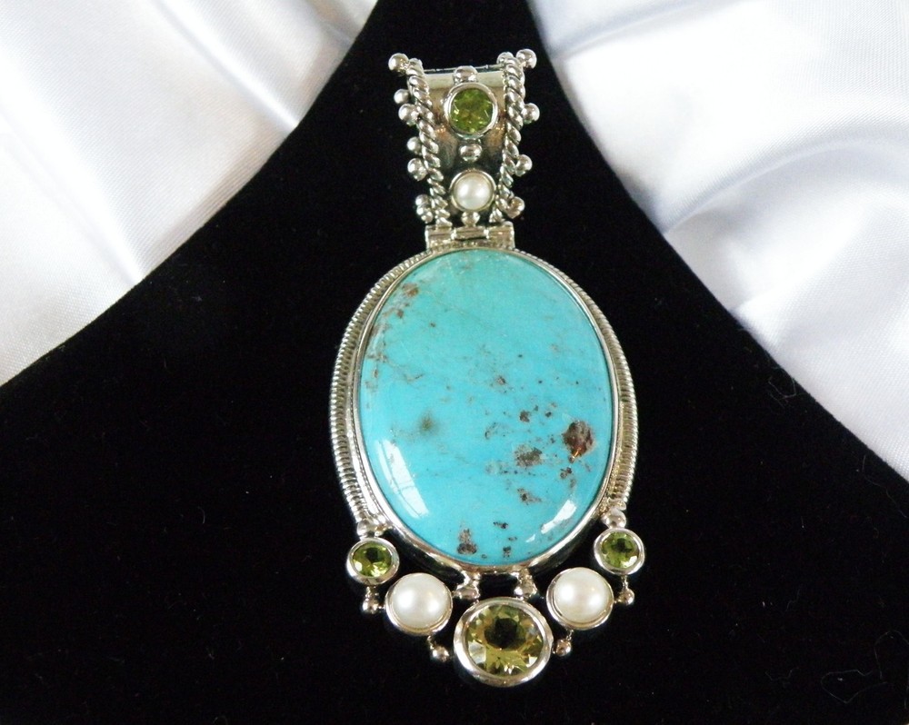 Huge Sterling Silver 925 Turquoise Statement Heavy Enhancer Pendant