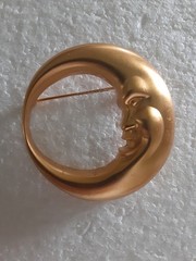 Vintage Crescent Moon Face Goldtone Brooch