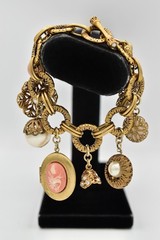 Carolee Vintage Charm Locket Bracelet Antiqued Gold Pink Floral Signed 80s BinBR