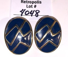 Memphis Style Geometric Earrings 1980s Navy Blue Gold Tone Clip-On Vintage Retro