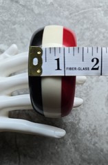 VTG MOD LAYERED STRIPED LAMINATE LUCITE BANGLE BRACELET RED BLACK CREAM STRIPES