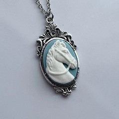 Horse Cameo Necklace, White/Blue, Victorian Vintage Style Antique Silver Pendant
