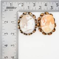 Antique Victorian Rebecca at the Well Hand-Carved Cameo GF Brooch Pair 1880s