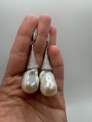 2.6” White Baroque Flameball Pearl Drop Earrings CZ Leverback Bridal Gift