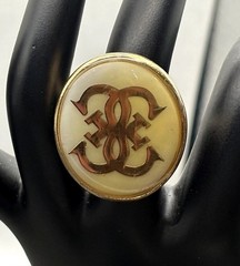 Vintage HUGE Gold Tone Monogram Statement Ring Cream Enamel Oval Signet Sz 7