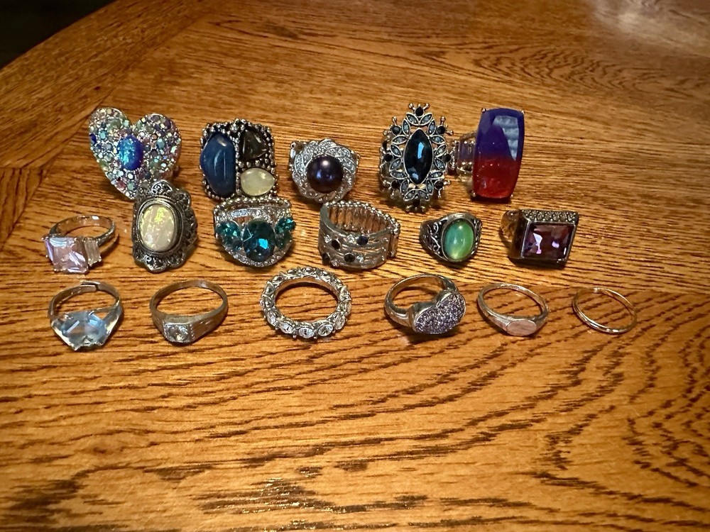 Vintage to Modern 17 Rings Adjustable & Various Sizes Rhinestones Faux Pearls