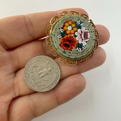 Vintage Micro Mosaic Floral Green Yellow Red Round Brooch Pin Italy