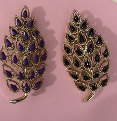 2 Vintage Pins Gerry’s Goldtone Leaves with Purple and Black Accents