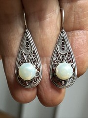 44. Vintage DGS 925 Sterling Pearl Filigree Teardrop Hook Earrings 40mm, 6.4g