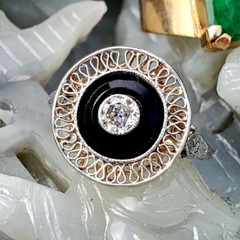 Original EARTH MINED DIAMOND Onyx Deco Engagement Ring Antique PLATINUM Filigree
