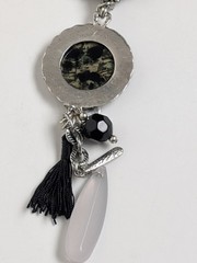 Vintage Boho Asymmetrical Beaded Statement Necklace Black Pendant Tassel Silver