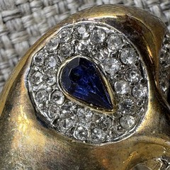 Vintage Gold Tone Owl Brooch Blue Baguette Eyes Rhinestone Pave Figural Pin